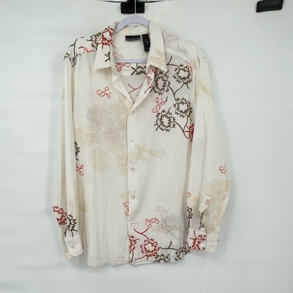 DKNY Jeans floral print white cotton guazy button up shirt